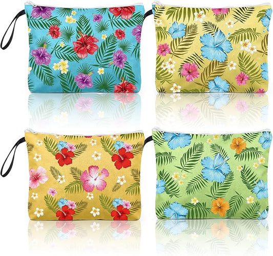 4 Pack Hawaiian Wet Dry Bags for Swimsuit Travel Beach Diaper Bag Waterproof Makeup Zipper Pouch with Handle Hawaii Flower Palm Leaves Cosmetic Toiletry Pouch for Women Gifts, Pool, Gym