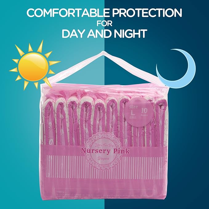 Littleforbig Adult Printed Diaper 80 Pieces (8 Packs) - Nursery Pink (Large 36"-46")