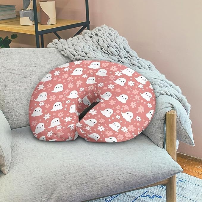 Cute Ghost and Floral Nursing Pillow Cover for Baby Boy Girl Breastfeeding Slipcover Infant Newborn Nursery Bottle Pillowcase Breathable and Washable Halloween Decoration
