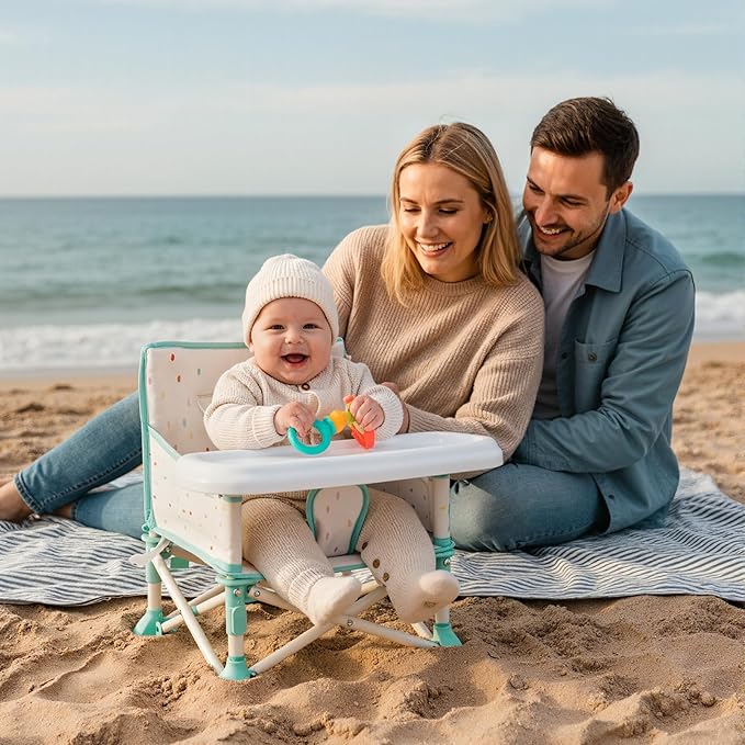 Tiny Marvels 3-in-1 Portable Baby Chair, Foldable Booster Seat with Removable Tray, Safety Harness & Carry Bag for Dining, Travel, Camping, Beach, 6M-3Y (Cream Confetti)