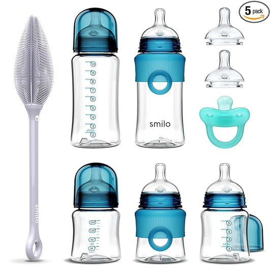 Smilo Baby Bottle Feeding Gift Set - Bottle Set with 100% Silicone Newborn Pacifier, Replacement Nipples and Baby Bottles Cleaning Brush - Perfect Essentials and Gift for Girls & Boys - Blue