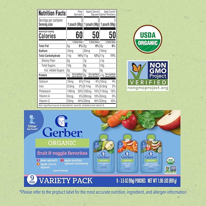 Gerber Stage 2 Baby Food, Organic Fruit and Veggie Favorites Puree Pouches Variety Pack, No Added Sweetener, Baby Food Pouches, 9-Pack