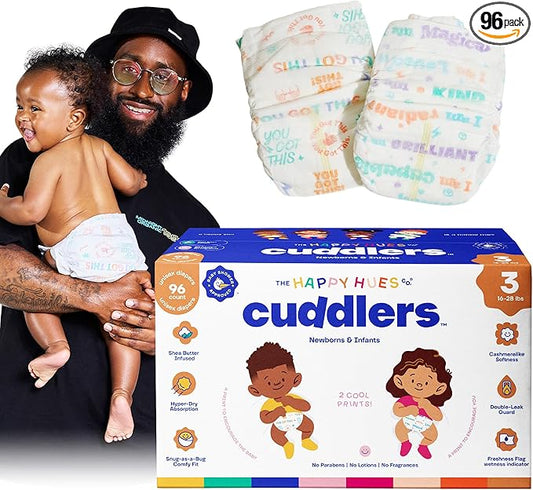 Happy Hues Cuddlers Disposable Diapers Size 3,16–28 lbs–Baby Diapers with Shea Butter, Wetness Indicator &Leak Protection–Ultra-Soft Unisex Newborn & Infant Diapers with Full Coverage,96 Count