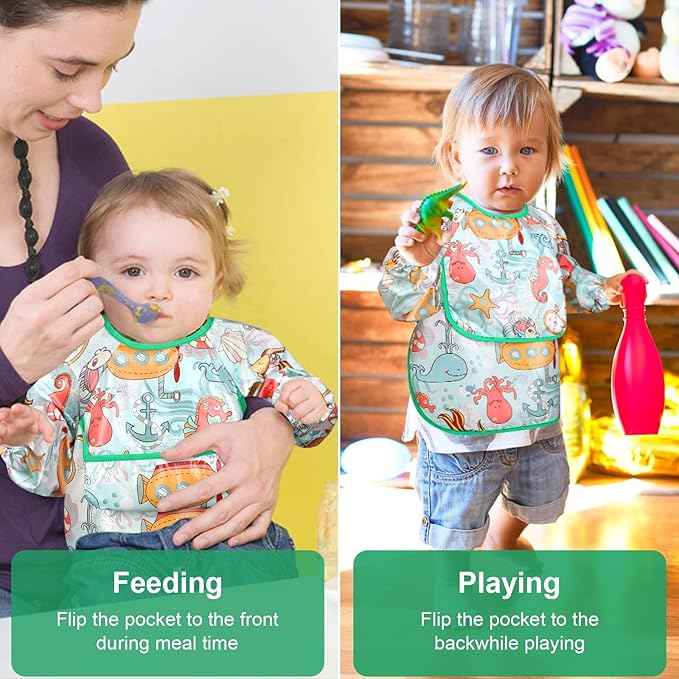 Accmor 4 Pack Long Sleeve Baby Bibs, Waterproof Sleeved Bibs for Eating Feeding, Toddler Baby Girls Boys Smock Bibs