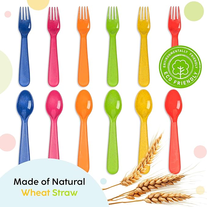 PLASKIDY Wheat Straw Toddler Utensils Set of 12 - Kids Forks and Kids Spoons BPA Free/Dishwasher Safe Kids Utensils Cutlery Set Brightly Colored Toddlers Silverware Set