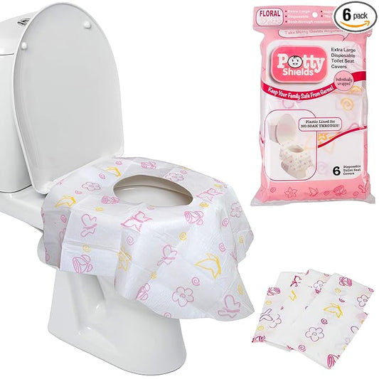 Potty Shields Toilet Seat Covers Disposable (6 Pack, Floral) - XL Waterproof Toilet Cover for Toddlers, Kids & Adults - Portable & Individually Wrapped for Travel, Potty Training & Public Restrooms