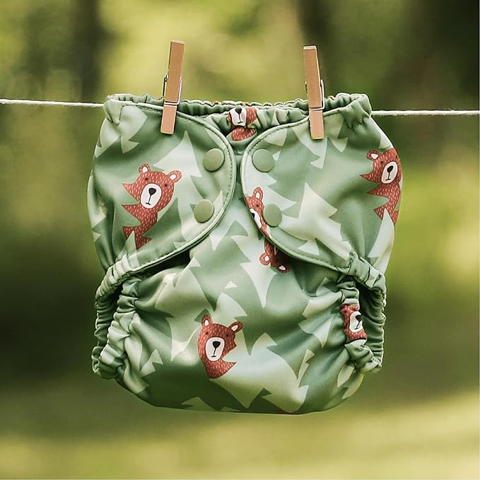 Esembly Cloth Diaper Cover - Reusable Swim Diaper, Waterproof, Breathable - Adjustable Outer Layer Over Absorbent Inner for Blowout Protection - Peek-a-Bear, Size 1 (7-17lbs)