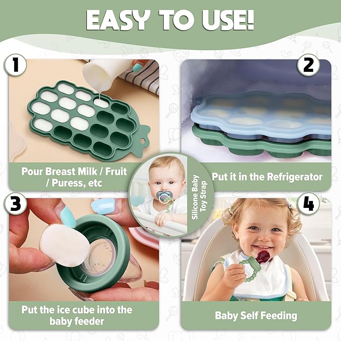 O’doe Baby Popsicle Molds Teething Set (18-Hole) - Fruit Pacifier Feeder with 1 Clip, 1-Pack Freezer Tray with Lid and 6 Extra Pacifiers, Teething Popsicle Mold BPA-Free