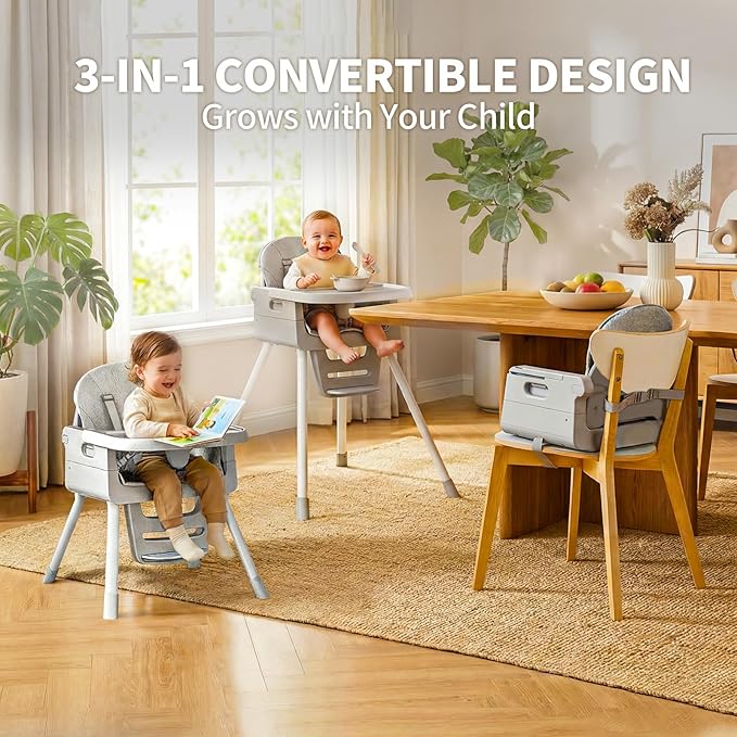 Portable 3 in 1 High Chairs for Babies and Toddlers, Convertible Baby Feeding Chair with Tray, Easy Clean Baby High Chair for Toddler with Foot Rest, Infant Highchairs & Booster Seats with Cush Grey