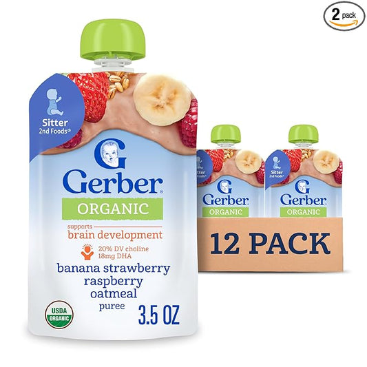 Gerber Organic 2nd Foods, Bananas, Red Berries & Granola Pureed Baby Food, 3.5 Ounce Pouch, 12 count