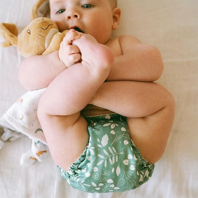Esembly Cloth Diaper Bundle Set - 3 Organic Cotton Absorbent Inners and 1 Waterproof Outer Diaper Cover - Reusable, Washable, Snap Closure Cloth Diapers - Size 2 (18-35lbs), Botany
