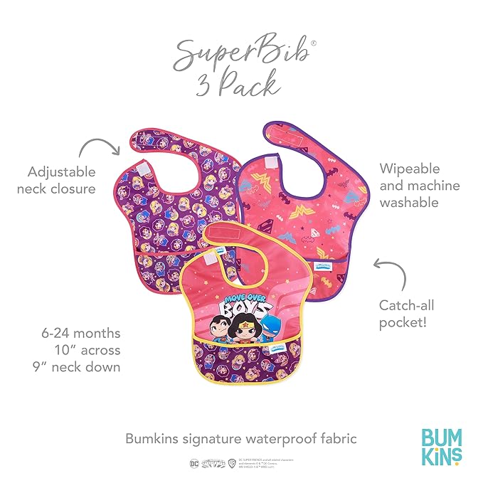 Bumkins Bibs for Girl or Boy, SuperBib Baby and Toddler 6-24 Months, Essential Must Have for Eating, Feeding, Baby Led Weaning Supplies, Mess Saving Catch Food, Fabric, 3-pk DC Comics Move Over Boys