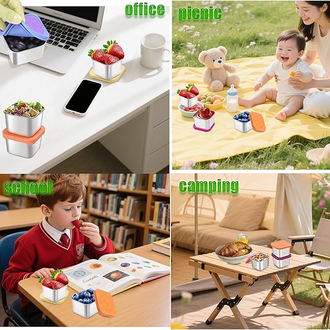 304 Premium Stainless Steel Snack Containers with Silicone Lids, Snackle Box Containers, Easy-Open Leak-Proof Kids for Taking Out for a Picnic, Lunch Box and Travel. (All-6, 2 OZ)