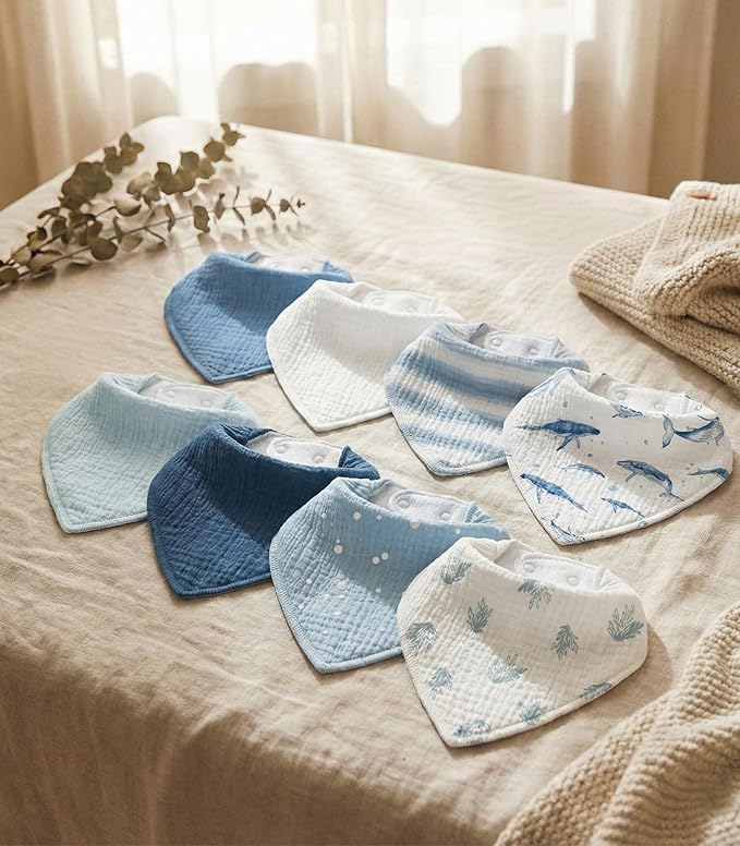 Muslin Baby Bibs 8 Pack, Baby Bandana Drool Bib for Drooling and Teething, Cotton Soft Absorbent for Girls Boys (Blue Ocean Whale)