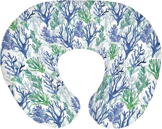 Blue Green Coral Reef Baby Nursing Pillow Covers for Boy Girl Watercolor Coastal Nursery Feeding Pillowcase for Breastfeeding Pillows Nautical Sea Plant Soft Stretchy Covers for Newborn Infant