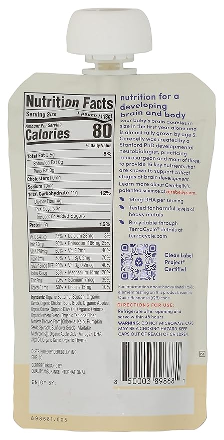 Cerebelly Organic Baby Food Pouches, Butternut Squash Chicken Bone Broth with Thyme, 16 Nutrients, Protein & Healthy Fats, 4oz, 1 Count