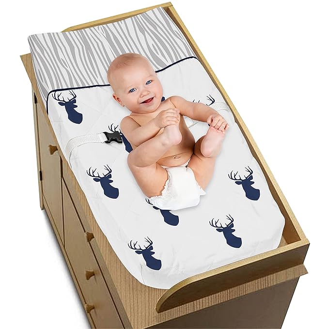 Sweet Jojo Designs Navy Blue White Woodland Deer Boy Baby Changing Pad Cover – Infant Newborn Diaper Table Change Mat Sheet - Forest Animal Stag Antler