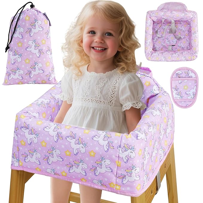 High Chair Cover Portable with 3-Point Harness, Waterproof Baby Seat Cover for Restaurant Travel Home Use, Machine Washable, Fits Wooden Chairs (Purple Unicorn)