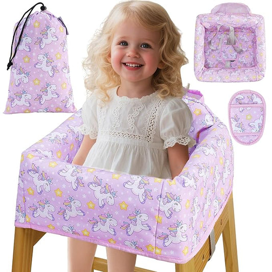 High Chair Cover Portable with 3-Point Harness, Waterproof Baby Seat Cover for Restaurant Travel Home Use, Machine Washable, Fits Wooden Chairs (Purple Unicorn)