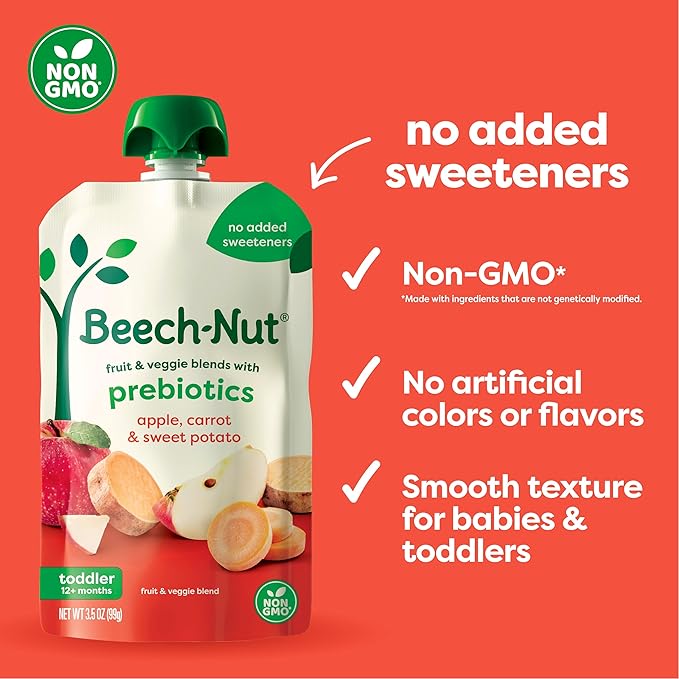 Beech-Nut Baby & Toddler Food Pouches with Prebiotic Fiber, Carrot Apple & Sweet Potato, 3.5 oz (12 Pack)