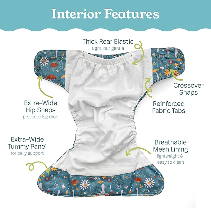 Kinder Cloth Diapers Reusable Baby Diapers Pocket Style Athletic Wicking Jersey, Wet Bag, Newborn to Potty Training 7-60lbs, One Size, Inserts NOT Included (Boho Mushrooms, 3 Pack, Without Inserts)