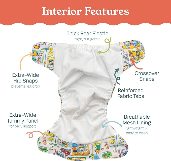 Kinder Cloth Diapers Reusable Baby Diapers Pocket Style Athletic Wicking Jersey, Bamboo Viscose Inserts, Wet Bag, Newborn to Potty Training 7-60lbs, One Size (Richard Scarry, 5 Pack, with Inserts)