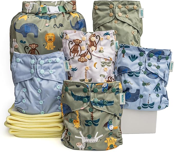 Kinder Cloth Diapers Reusable Baby Diapers Pocket Style Athletic Wicking Jersey, Bamboo Viscose Inserts, Wet Bag, Newborn to Potty Training 7-60lbs, One Size (Safari Friends, 5 Pack, with Inserts)
