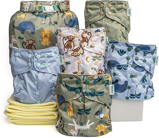 Kinder Cloth Diapers Reusable Baby Diapers Pocket Style Athletic Wicking Jersey, Bamboo Viscose Inserts, Wet Bag, Newborn to Potty Training 7-60lbs, One Size (Safari Friends, 5 Pack, with Inserts)