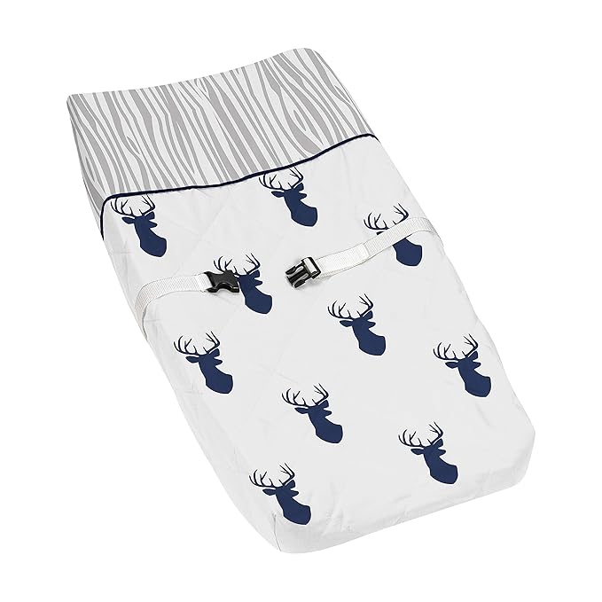 Sweet Jojo Designs Navy Blue White Woodland Deer Boy Baby Changing Pad Cover – Infant Newborn Diaper Table Change Mat Sheet - Forest Animal Stag Antler