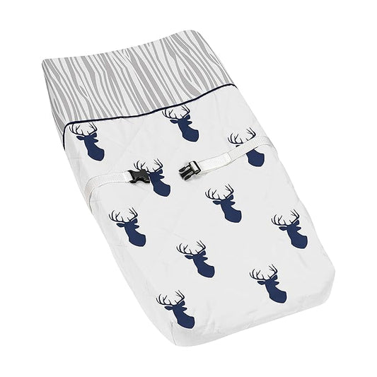 Sweet Jojo Designs Navy Blue White Woodland Deer Boy Baby Changing Pad Cover – Infant Newborn Diaper Table Change Mat Sheet - Forest Animal Stag Antler