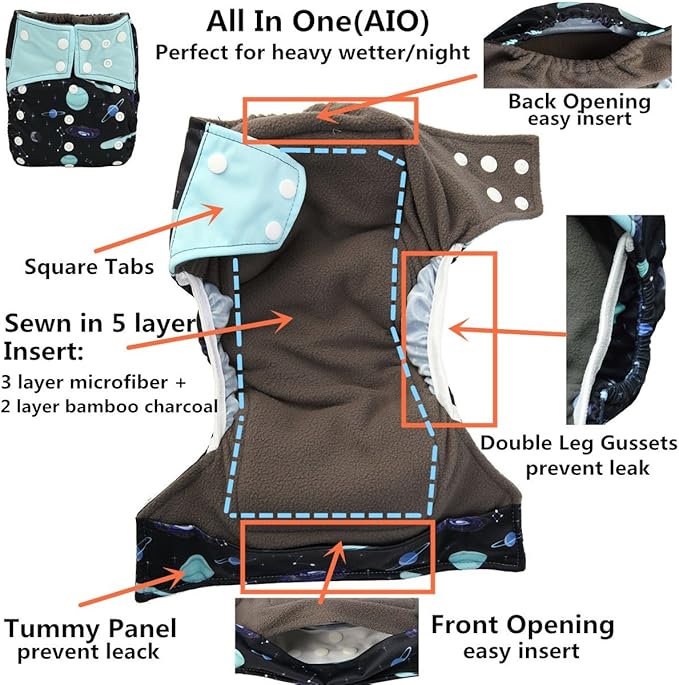 3 AIll in One Cloth Diapers Nappies for Night AIO Sewn in Insert Reusable Washable (Arrow Pineapple Pack)