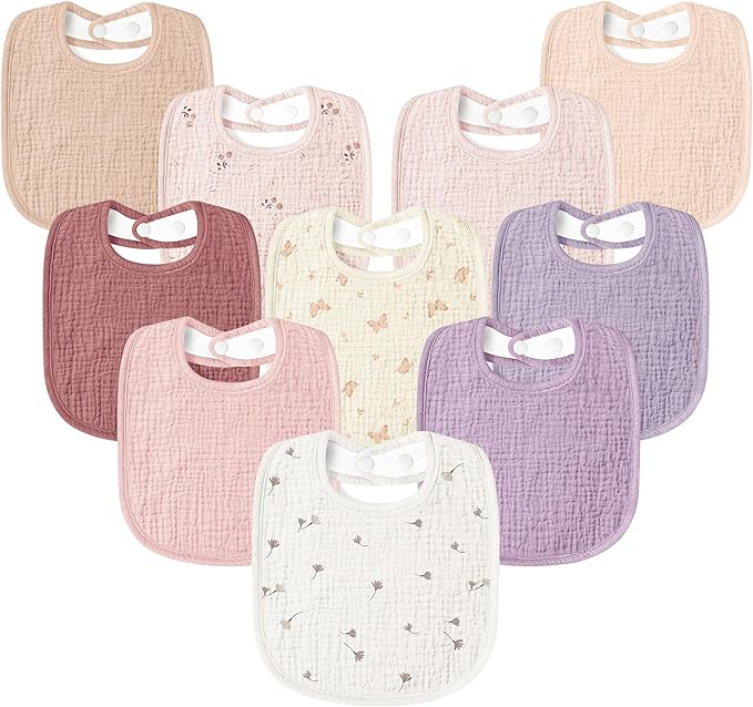 Susurration Muslin Baby Drool Bibs 10Pack Soft Square Adjustable Bandana Bibs for Unisex Baby Girls & Boys