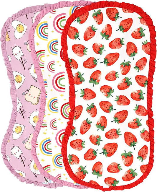 Burp Cloths for Baby Girls,3-Pack Extra Absorbent Burping Cloth Baby Washcloths Towel for Unisex, Viscose Made from Bamboo Strawberry/Rainbow/Pink Egg One Size