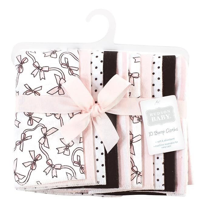 Hudson Baby Unisex Baby Cotton Flannel Burp Cloths, Pink Bows 10 Pack, One Size