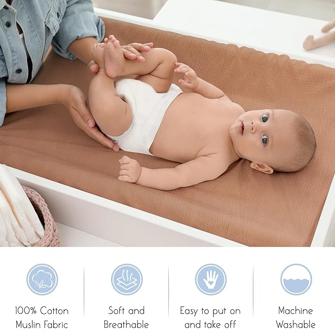 Meracorallo Muslin Changing Pad Cover, 2 Pack 100% Cotton Soft and Comfortable Changing Table Cover for Baby Boys and Girls, Camel & Fog
