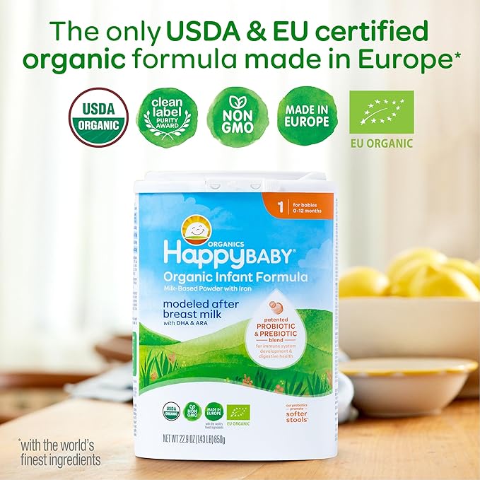 Happy Baby Organics Stage 1 Infant Formula, 0 12 Months, Milk Based Organic Baby Formula Powder with Iron, Probiotics & Prebiotics for Immune & Digestive Support, 22.9 Ounce (Pack of 1)