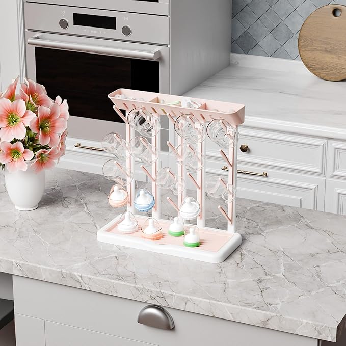 Yieach Larger Baby Bottles Drying Rack for 20 Bottles,Space Saving Feeding Drying Rack for Baby Bottles for Countertop,Vertical Baby Bottle Holder & Storage Station for Pacifiers,Breast Pump,Pink