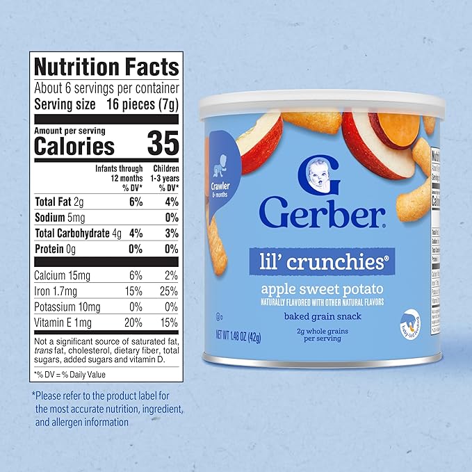 Gerber Stage 3 Baby Food Snacks, Apple Sweet Potato Lil' Crunchies, Snacks for Babies, Baby Led Feeding, 6-Pack