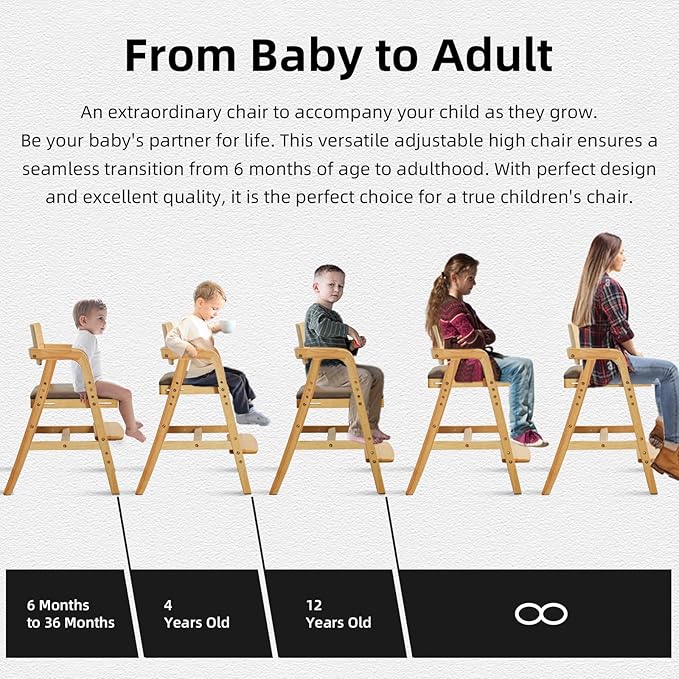Solid Wood High Chair for Babies&Toddlers, Adjustable Baby Highchair with Steps for Dining, Teens Study Chair, Natural