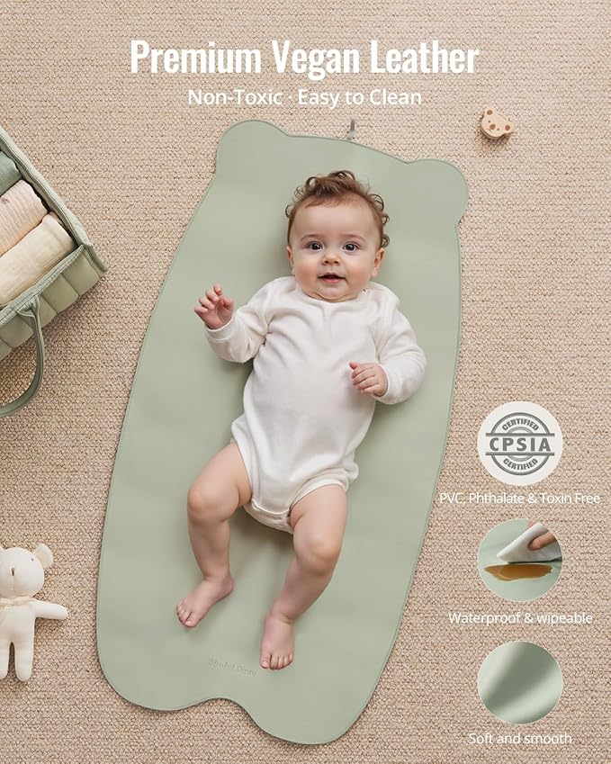 Blissful Diary Vegan Leather Portable Changing Pad, Wipeable & Waterproof Baby Change Mat，Diaper Bag, Travel Essential & Registry Gift, Light Green