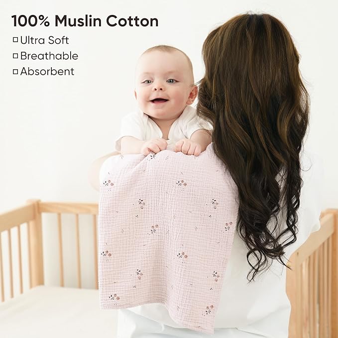Bearmoss 6 Pack Large Muslin Burp Cloths, 100% Cotton Soft Baby Burping Cloths for Boy, Girl, 23.6" X 23.6" Absorbent Milk Spit Up Rags, Newborn Essentials (Pink Print)