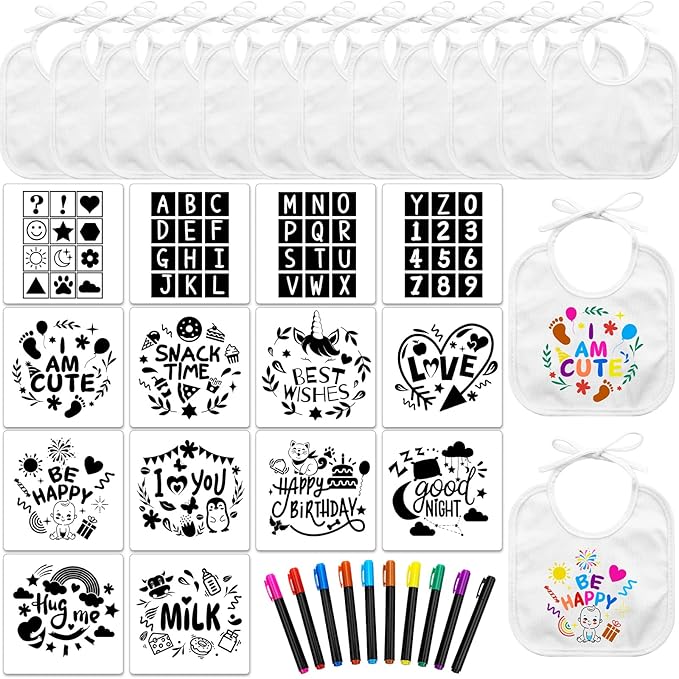 Jutom 38 Pcs DIY Baby Bibs Decorating Kit 14 Bibs 14 Stencils 10 Fabric Markers 2 Ply Feeder Design Bib for Shower Games