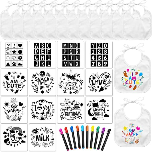 Jutom 38 Pcs DIY Baby Bibs Decorating Kit 14 Bibs 14 Stencils 10 Fabric Markers 2 Ply Feeder Design Bib for Shower Games