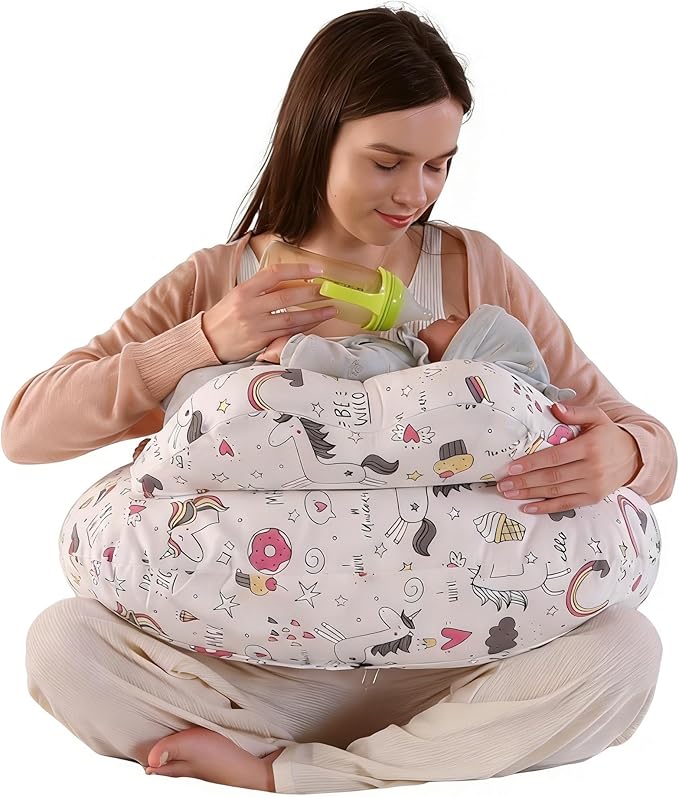 Nursing Pillow for Breastfeeding,Ergonomic Baby Feeding Pillows with Removable Washable Cotton Slipcover, Adjustable Waist Strap,Plus Size,More Support for Mom and Baby(Unicorn)