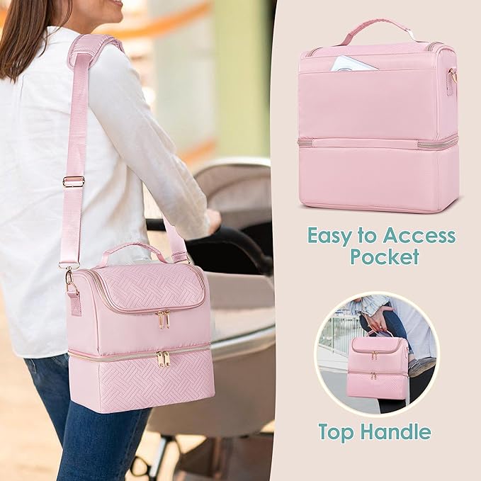 Fasrom Breast Pump Bag with Cooler Compartment Compatible with Momcozy, Medela and Willow Hands Free Pump, Pumping Tote with Waterproof Mat, Pink