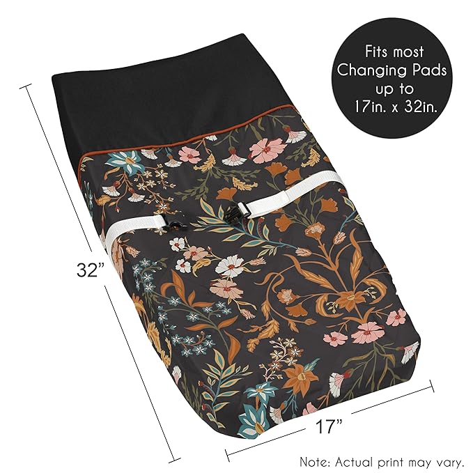 Sweet Jojo Designs Boho Wildflower Vintage Floral Girl Baby Changing Pad Cover Infant Newborn Diaper Table Change Mat Sheet Black Rust Orange Teal Bohemian Farmhouse Botanical Flower Cottagecore Indie