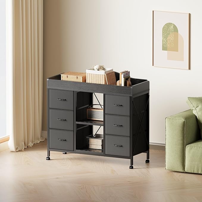 Yetom Changing Table, 6-Drawer Baby Dresser with Changing Table top,Waterproof Diaper Changing Station & Pad, 2 Height-Adjustable Open Storage Shelves, Mobile Nursery Organizer, Black