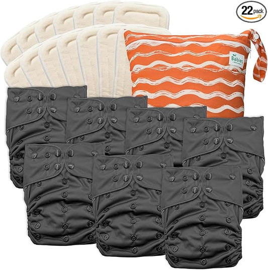 7-Pack Reusable Cloth Diapers with AWJ Interior – Includes 14 Absorbent Inserts and 1 Wet Bag – Adjustable, Waterproof, and Washable (Midnight Cozy, Cotton Inserts)