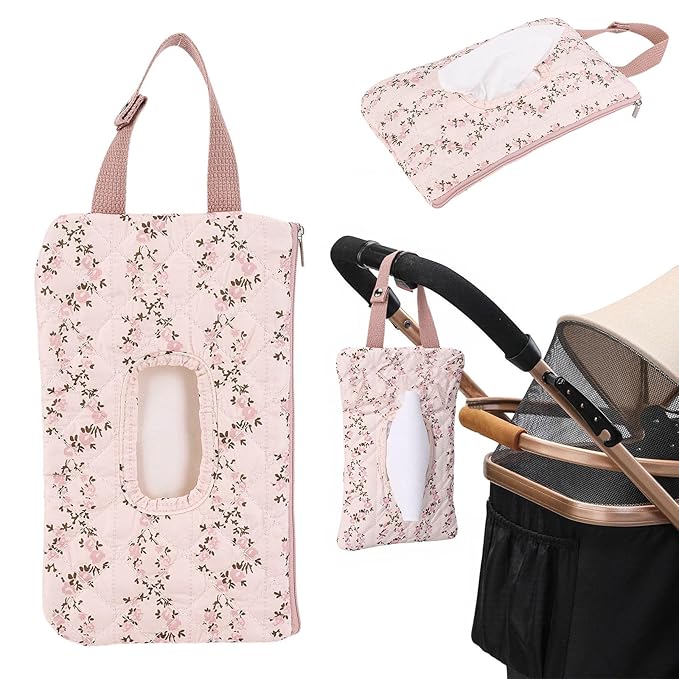 Quilted Baby Wipe Holder, Canvas Floral Quilted Pouch with Hanging Strap, Portable Diaper Wipe Holder for Travel Stroller-Long Branch Pollen