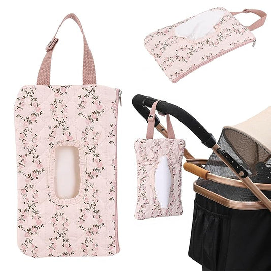 Quilted Baby Wipe Holder, Canvas Floral Quilted Pouch with Hanging Strap, Portable Diaper Wipe Holder for Travel Stroller-Long Branch Pollen